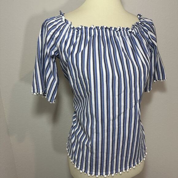 Trina Turk Small Top Sleeveless Blouse Blue Striped Preppy Coastal Poms Coastal - Picture 9 of 12